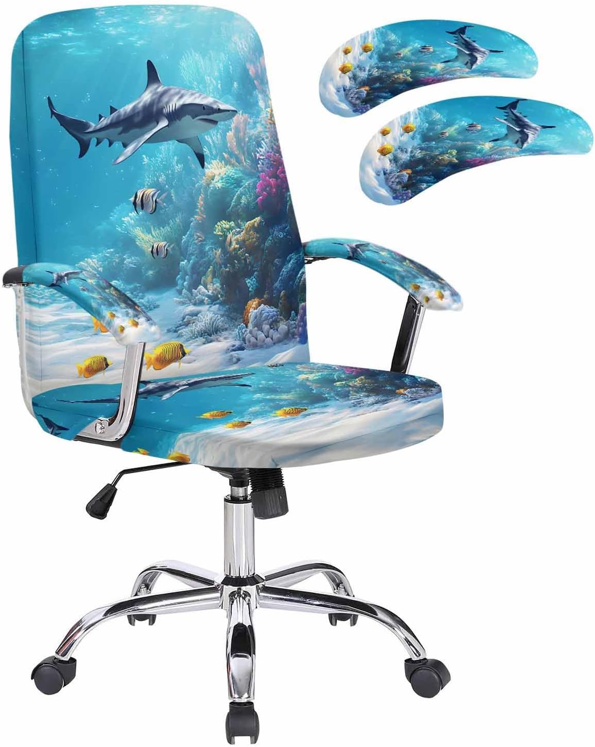 DecorLovee Shark Coastal Office Chair Covers Stretchable Computer Gaming Chair Cover, Summer Beach Coral Ocean Nautical Universal Desk Chair Covers Removable Rotating Chair Slipcover with Zipper, M