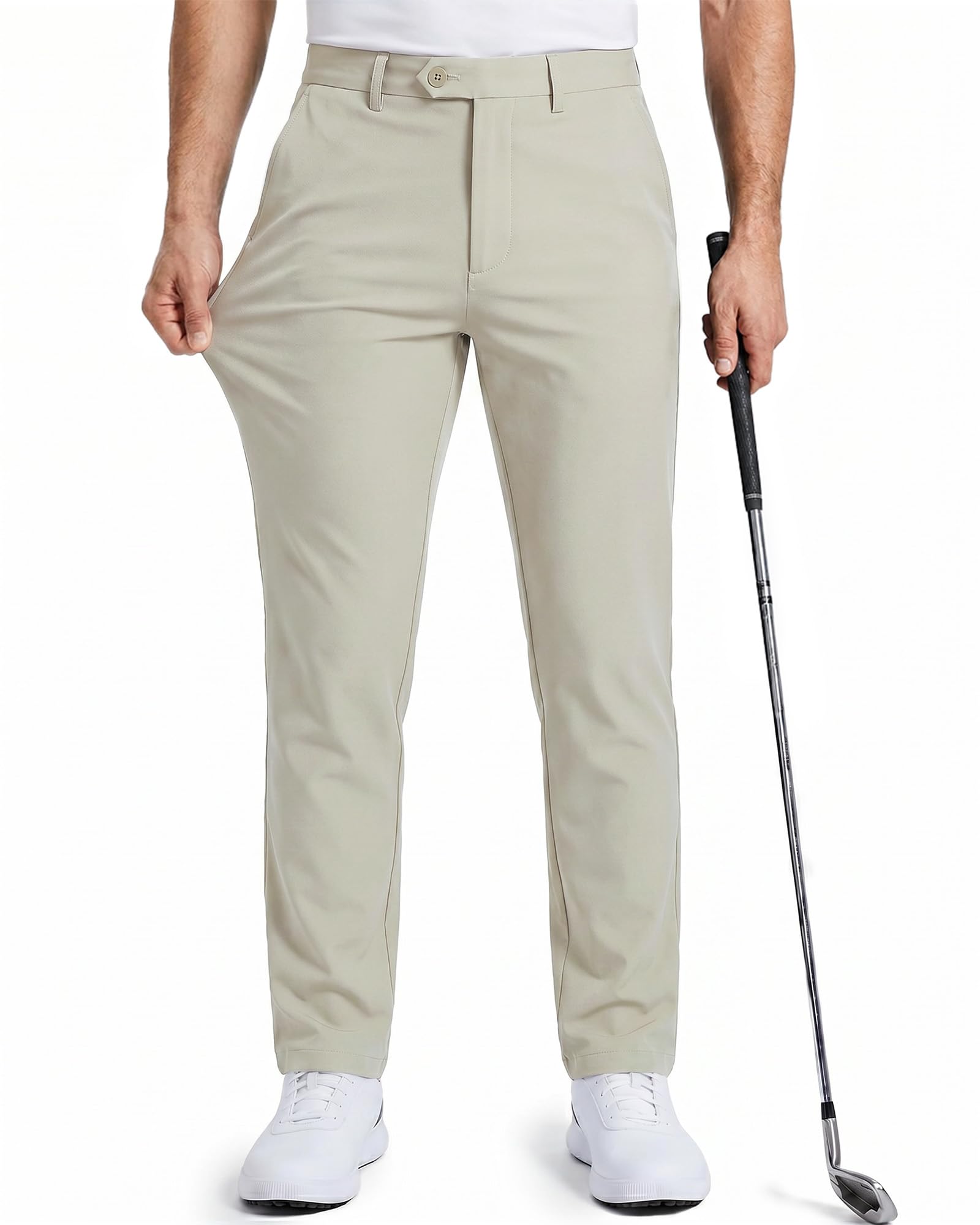 YND Herren-Golfhose, hohe Stretch, schmale Passform, flache Vorderseite, Eisseide, leichte Hose
