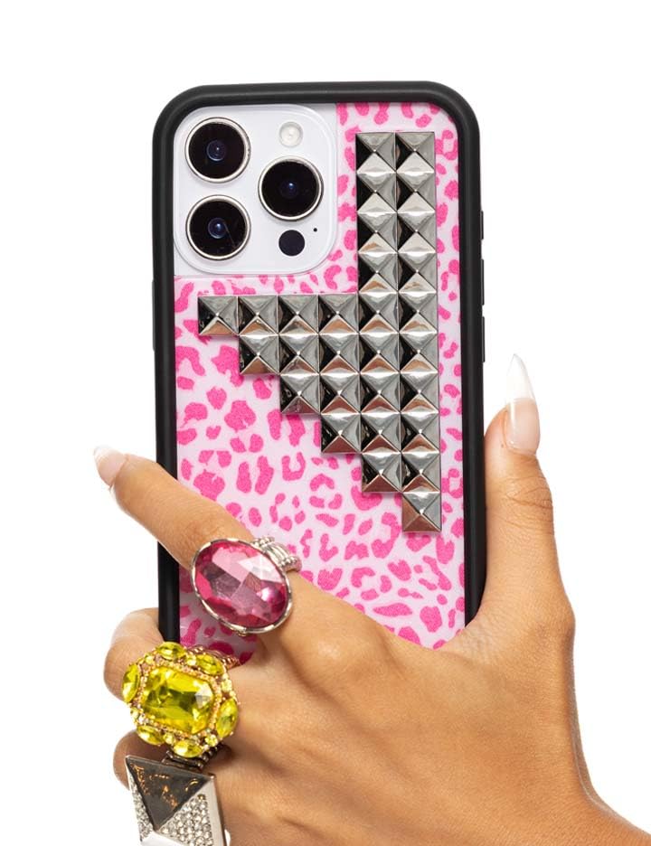 Image of Wildflower Cases - Compatible with iPhone 16 Pro Max | Protective Black Bumper, 6.5ft Drop Test Certified, Women Owned Small Business | Leopard Original Silver | Stud Pyramid Collection - Pink Meow