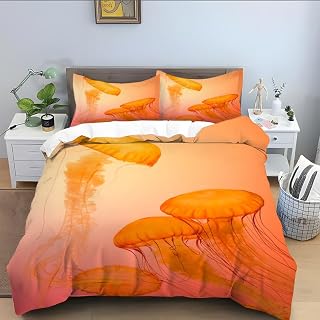 phonxia Orange Jellyfish Bedding King Size Duvet Cover Printed King Size Duvet Set Bedding Sets 3 Pcs with Zipper Closure 230 X 220 cm Soft Hypoallergenic Microfiber Quilt Cover with 2 Pillowcases