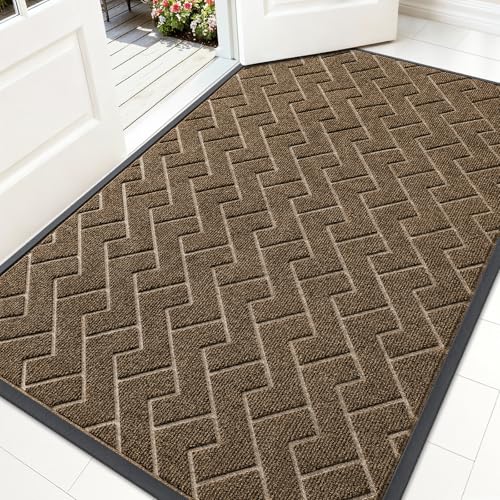 Image of OLANLY Front Door Mat Indoor Outdoor Entrance, Waterproof All-Season, All-Weather Doormat, Sturdy Natural Rubber, Low Profile, Easy Clean Patio Porch Entryway Mat, Herringbone Brick (Brown, 59x34)
