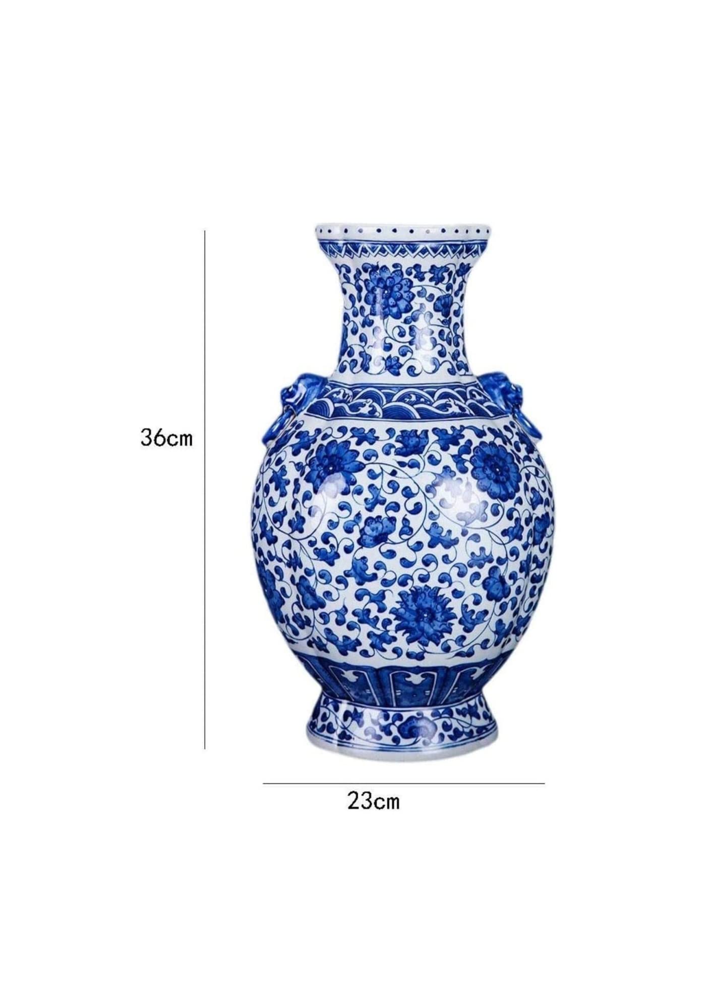 Vasen Vase aus Keramik, handgefertigt, Doppel-Löwenohr, Flasche, blaues und weißes Muster, Schlafzimmer, Büro-Accessoires