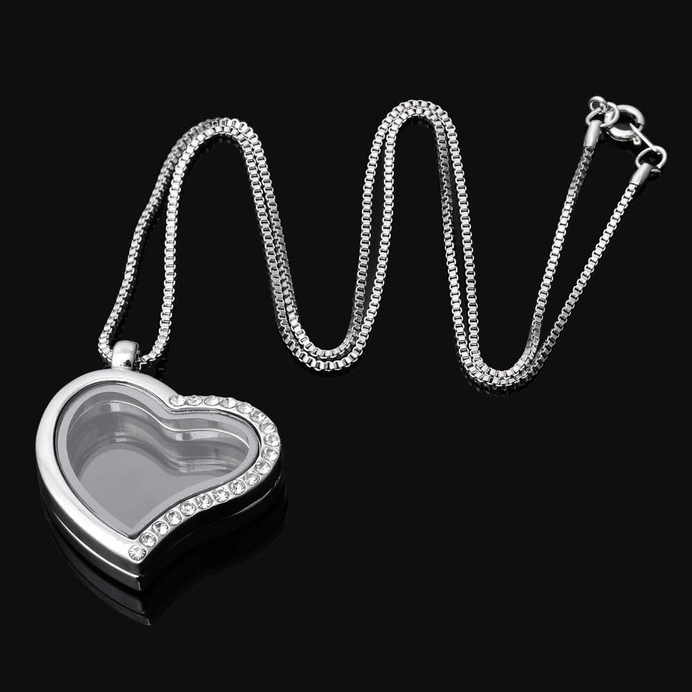 RUBYCA Living Memory Floating Charm Heart Glass Locket Pendant Necklace 20 Inches 10pcs Silver Color