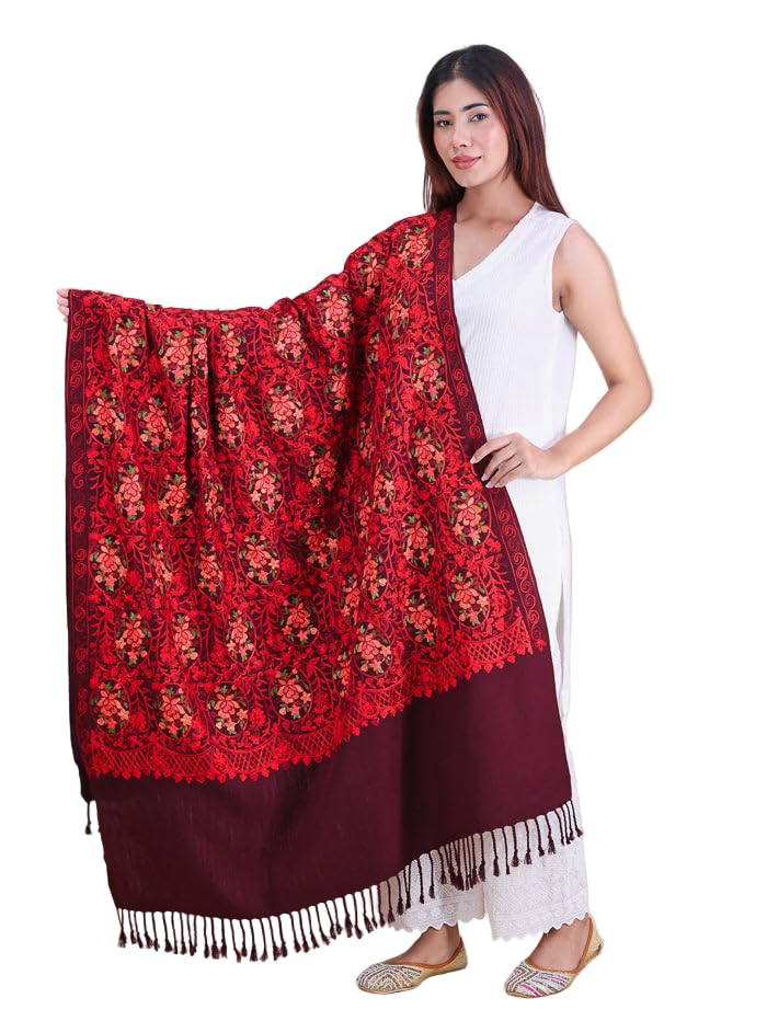 Women's Wine Aari Embroidered Wool Shawl_5540_Wine-image-44