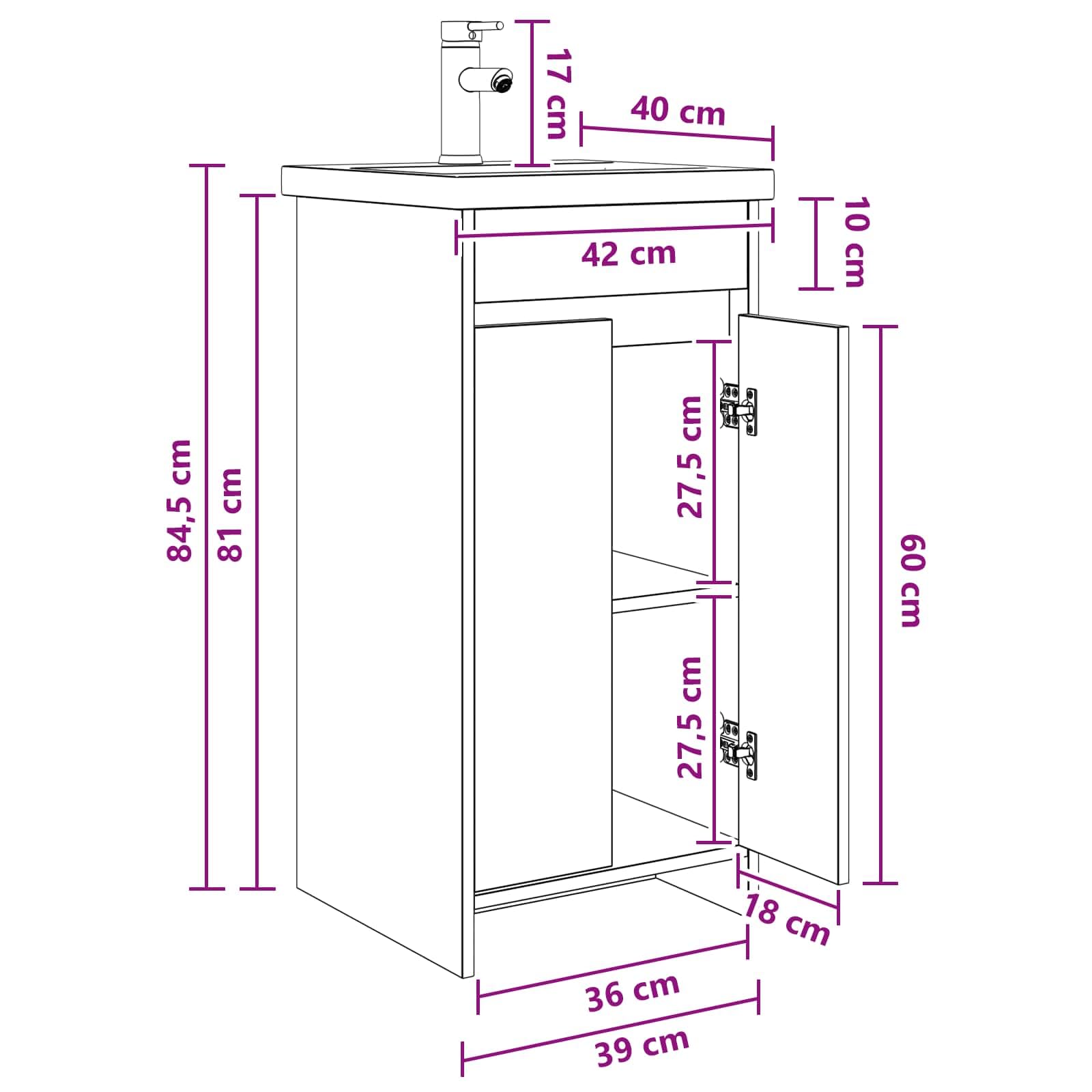 Mueble de baño con lavabo y grifo, gris Sonoma, 42 cm | Lavabo compacto con armario bajo para el pequeño cuarto de baño o aseo de invitados, incluye grifo.