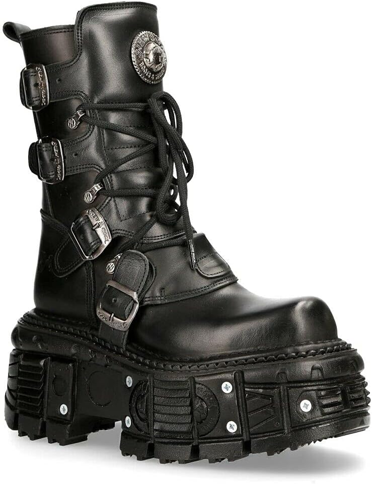 New Rock BOOTS TANK373-S1 Black Leather Unisex Combat Platform Biker Goth Shoes 40