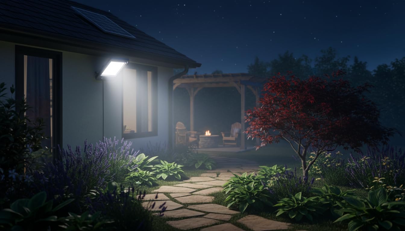 Generico Faro LED Solare 4100 Lumen con Sensore di Movimento, 324 LED SMD 2835, Pannello Separato 13W in Vetro, Batteria 10800mAh, Telecomando, IP66, per Giardino, Cortile, Esterno