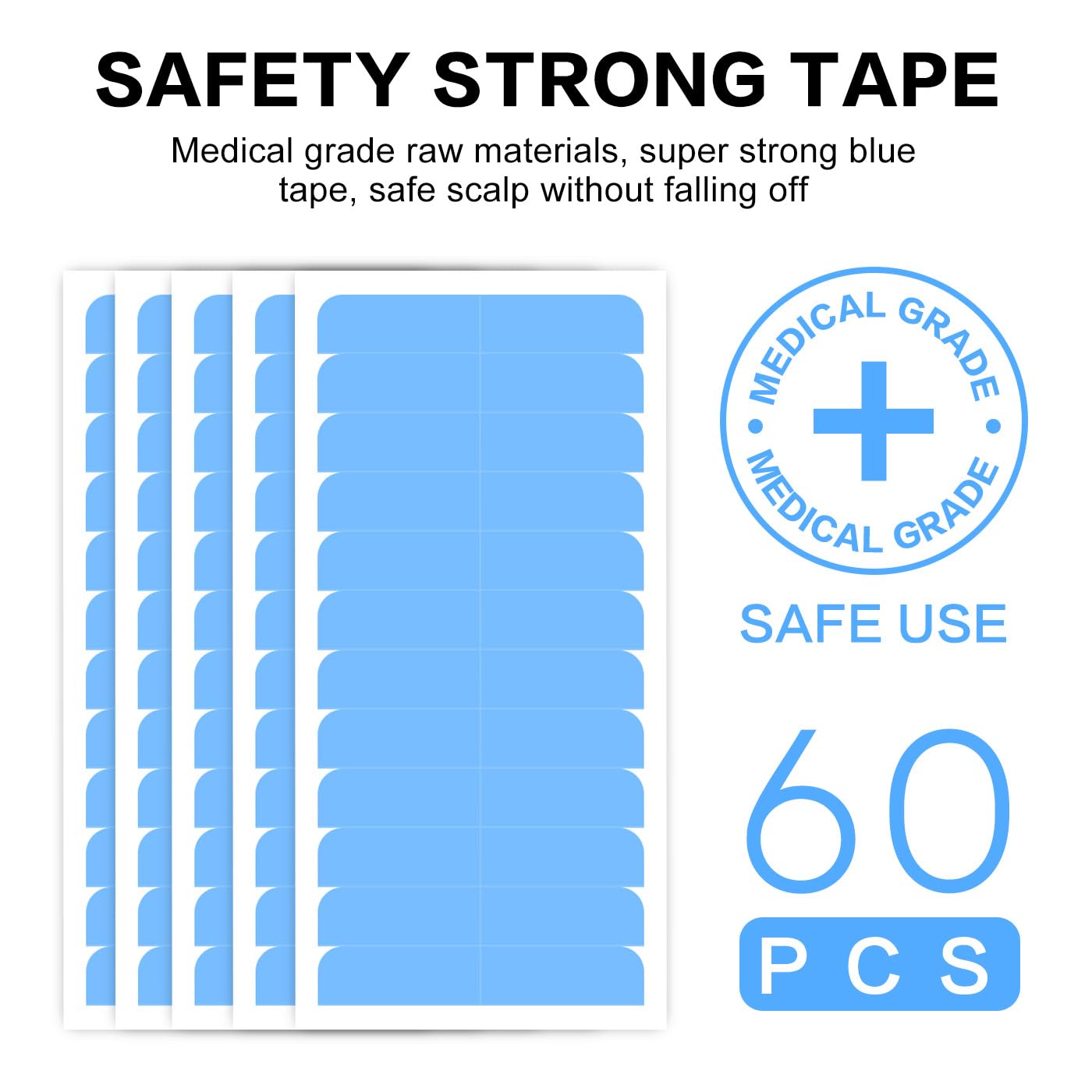Yunle Hair Extension Tape Replacement Pre-Cut Tape for Extensions 60 PCS Professional Blue 4x0.8CM/1.6x0.3IN