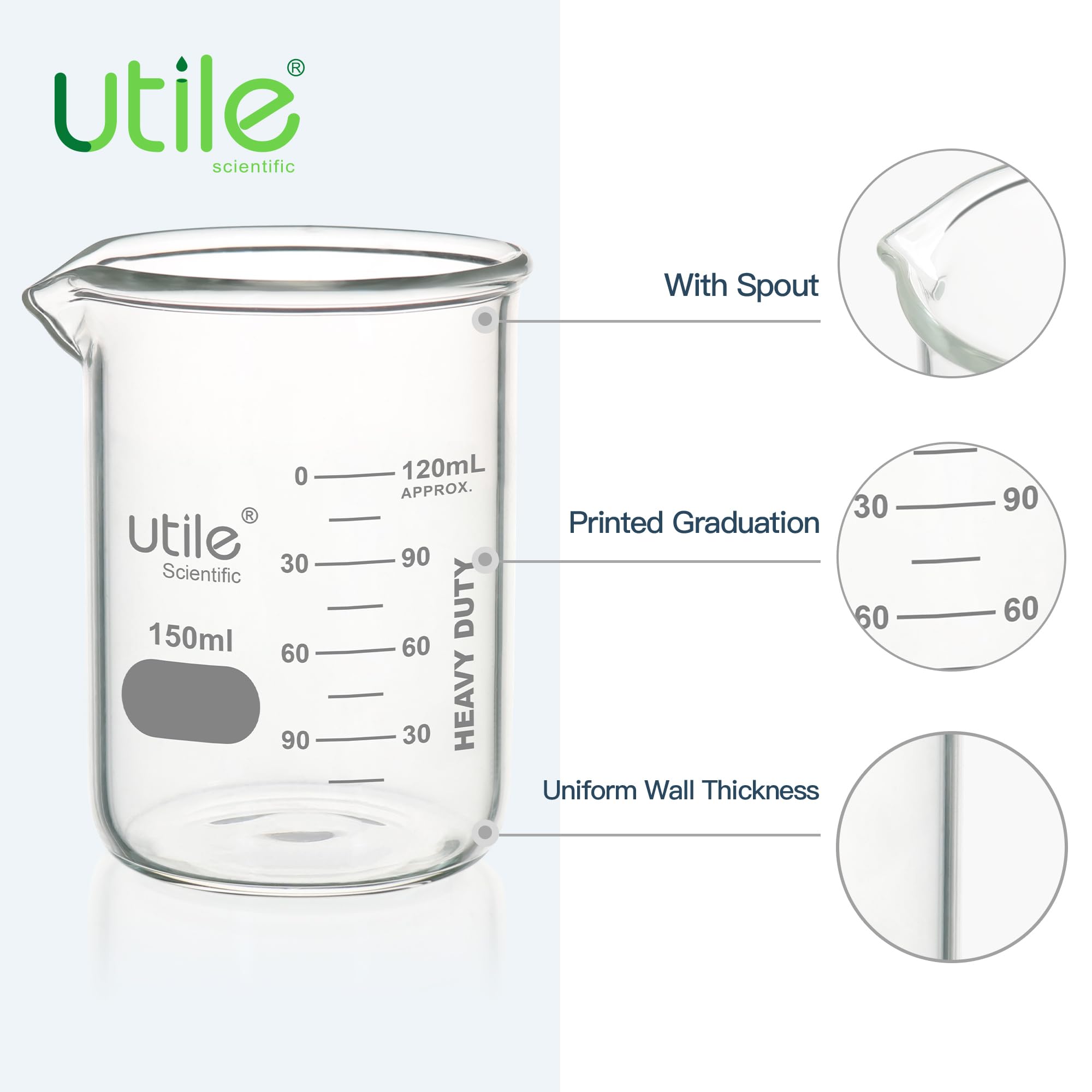 Utile 10 Stück Borosilikatglas Becher 3.3 150 ml mit aufgedruckter Skala 4000.0150.10