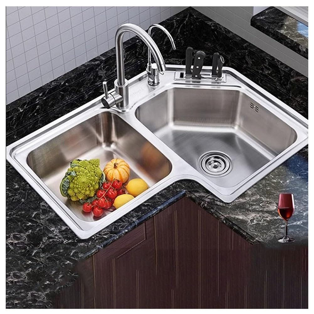 Fregadero De Cocina Esquinero De Acero Inoxidable - 40x44 Cm, Con Doble Desagüe Y Sifón Incluido