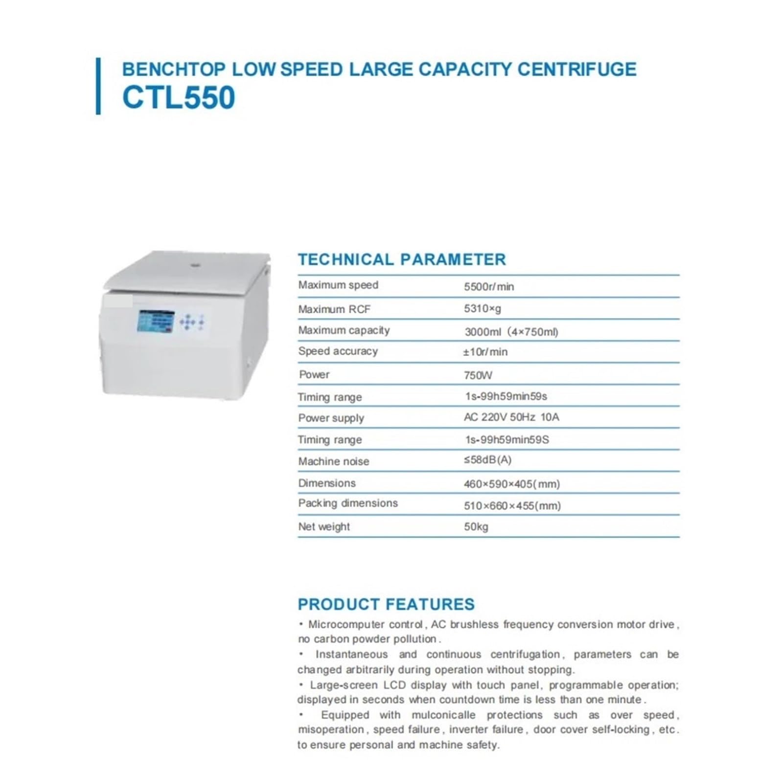 Centrífuga de mesa, Máquina Centrífuga De Laboratorio Clínico Baja Velocidad Y Gran Capacidad CTL550 Con Bloqueo Automático For Eliminación Pulpa En Barra | 4x500ml Swing RotoR