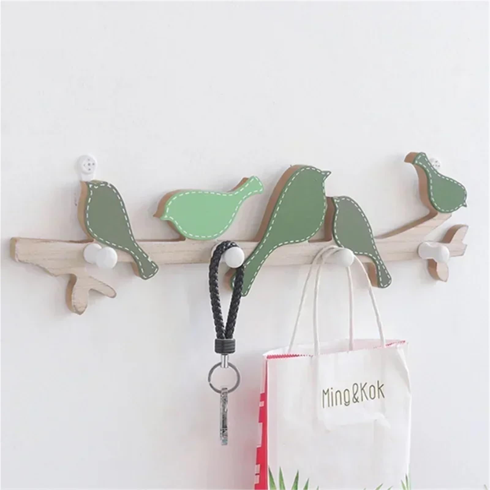 portachiavi da parete 4 ganci decorativi for la casa, appendiabiti in legno a forma di uccello(Green bird)