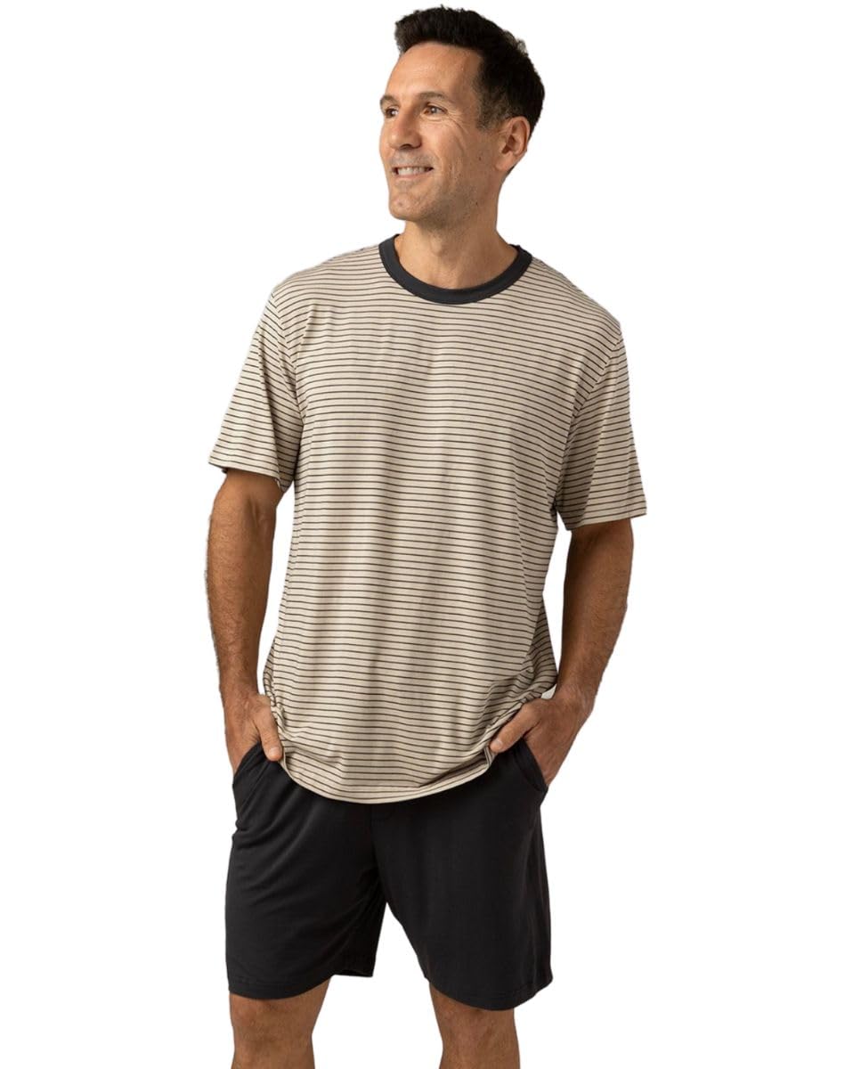 ZD ZERO DEFECTS | Pijama Corto Hombre Modal Transpirable | Rayas Plomo‑Beige y Pantalón Liso | Tejido Ligero Fresco y Suave | Varias Tallas Disponibles