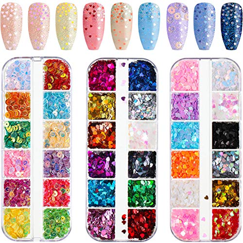36 Colors 3D Holographic Heart Nail Glitter Nail Sequins Flower Nail Sequins Flake Acrylic Manicure Paillettes for Nail Art Decoration DIY Crafting, 3 Boxes 36 Grids