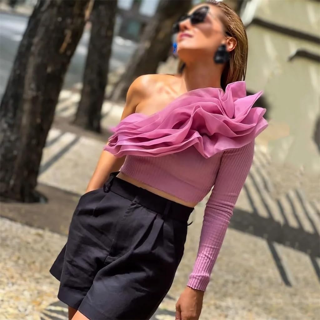 Women's Ruffled Short Slouchy Shoulder Blouse Tops for Women