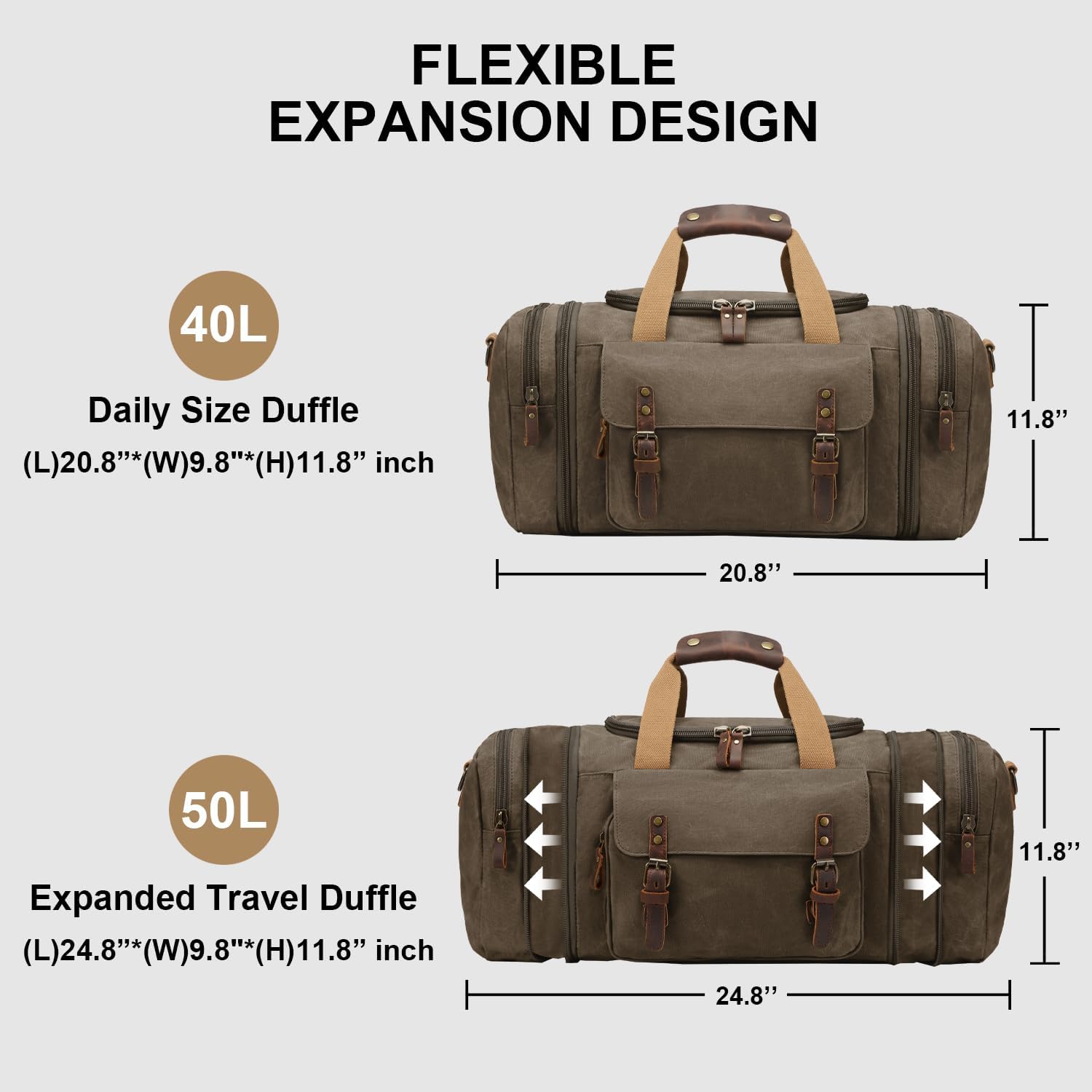 Waxed Canvas Duffel Bag 50L Waterproof Duffle Bag Travel Overnight Weekender Bag - Image 3