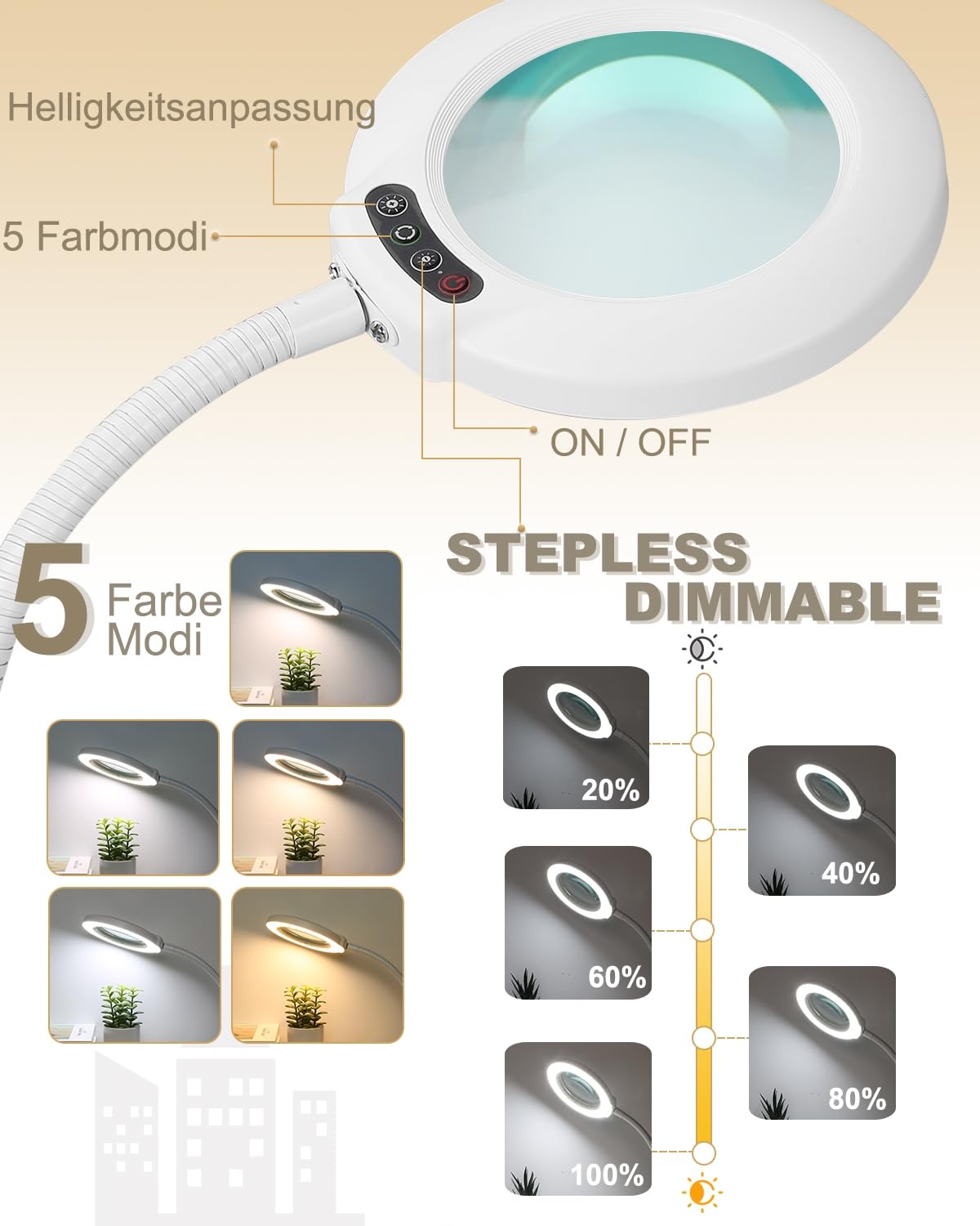Veemagni 12 Lupa con luz y Soporte, 5 Modos de Color, lámpara de Escritorio iluminada por LED sin Niveles, Manos Libres, Cuello de Cisne Flexible, Lupa con luz, para Manualidades, Pintura, Cierre