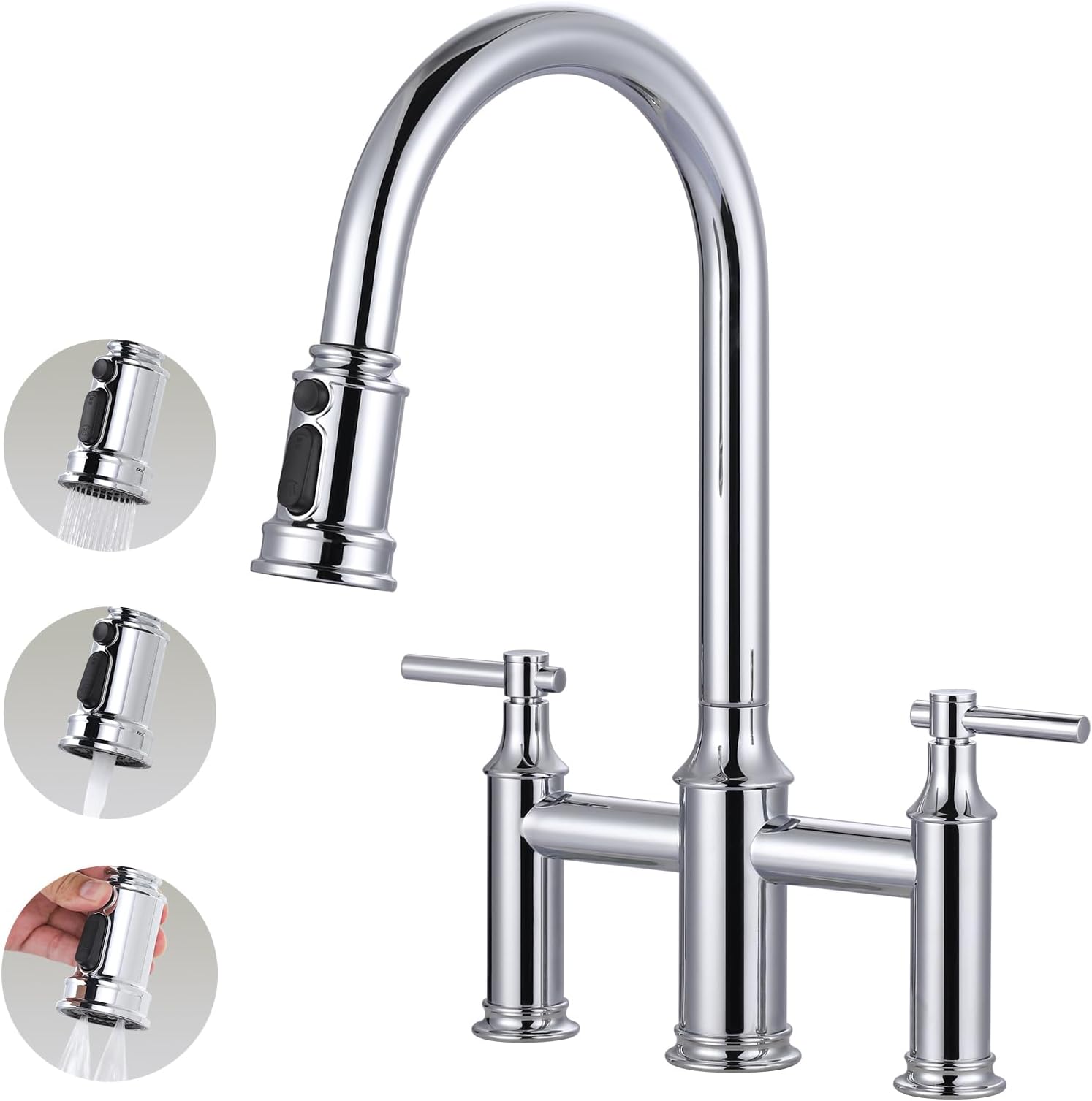 Bridge Faucet with Pull Down Sprayer: Brass Bridge Kitchen Faucet for 1 or 3 Hole - Chrome Two Handles 8 Inch Centerset Kitchen Sink Faucet for Farmhouse RV Laundry
