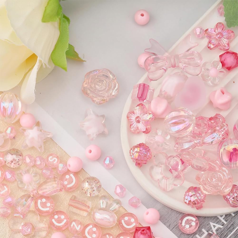 CHGCRAFT 279Pcs 24Style Pink Acrylic Beads Assorted Beads Transparent Mixed Shape Cute Adorable Heart Flower Letters Smile Bead Bulk Set for Jwelry Making Bracelets Necklace Crafts - Image 4