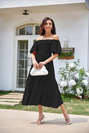 Women's Summer Short Puff Sleeve Square Neck Smocked A Line Tiered Flowy Midi Dress