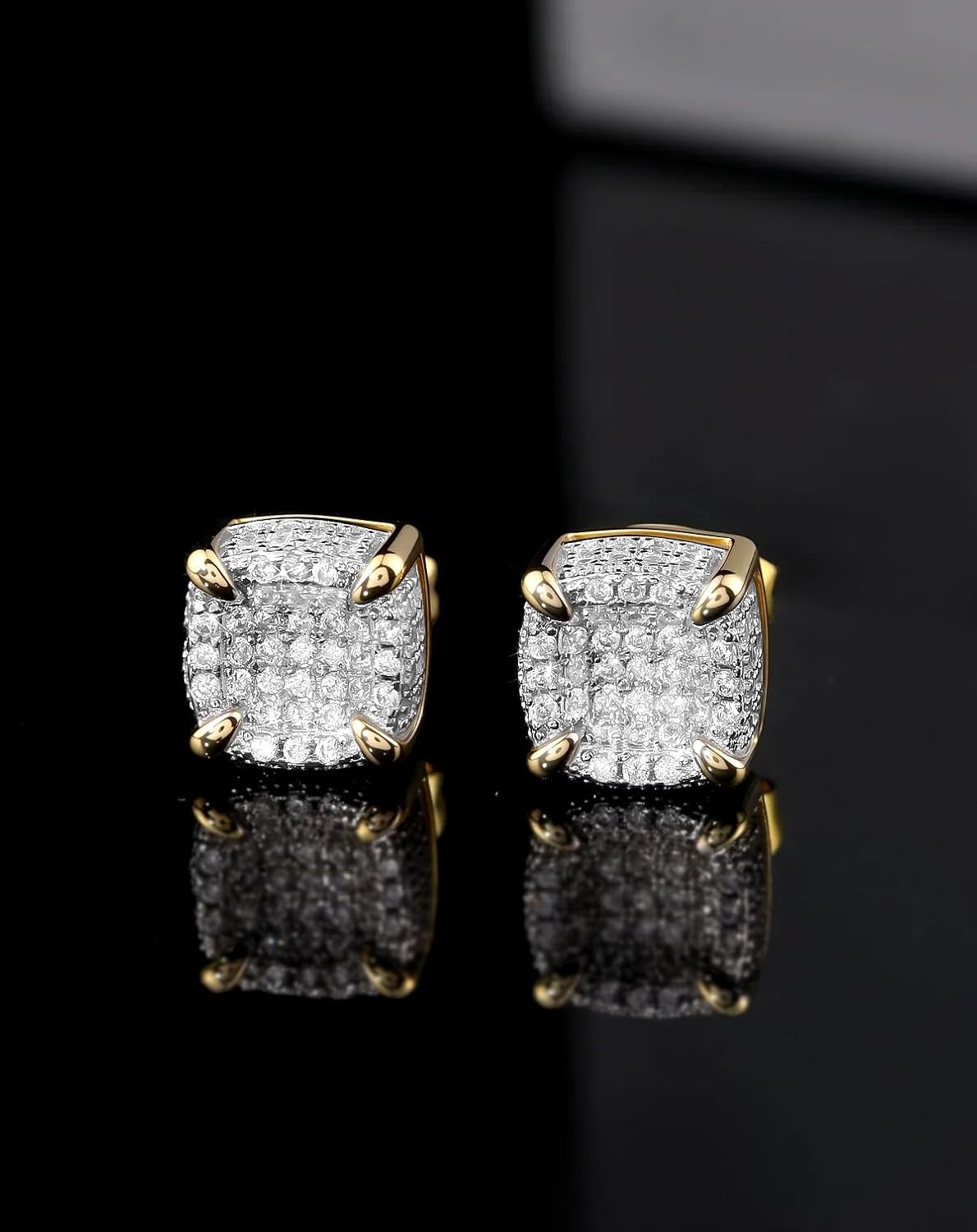 Moissanite Earrings for Men, Lab Diamond Cluster Studs Sterling Silver 18K Gold Plated Hypoallergenic Iced Out Big Hip Hop Earring Square Push Back with VVS1 GRA Certified 8/9/10MM - Image 2