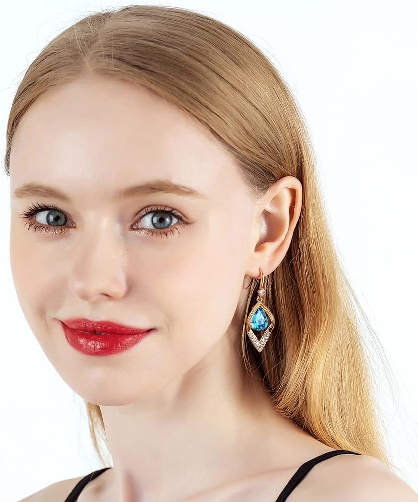 Austrian Crystal Teardrop Hollow Leaf Drop Dangle Earrings for Women 14K Rose Gold Plated Hypoallergenic Jewelry - Image 2