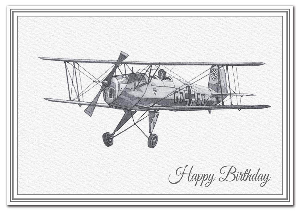 Unusual Birthday Cards - Unique Airplane Handmade Drawings Special WW2 Military (Bucker Jungman Biplane Aircraft Card)