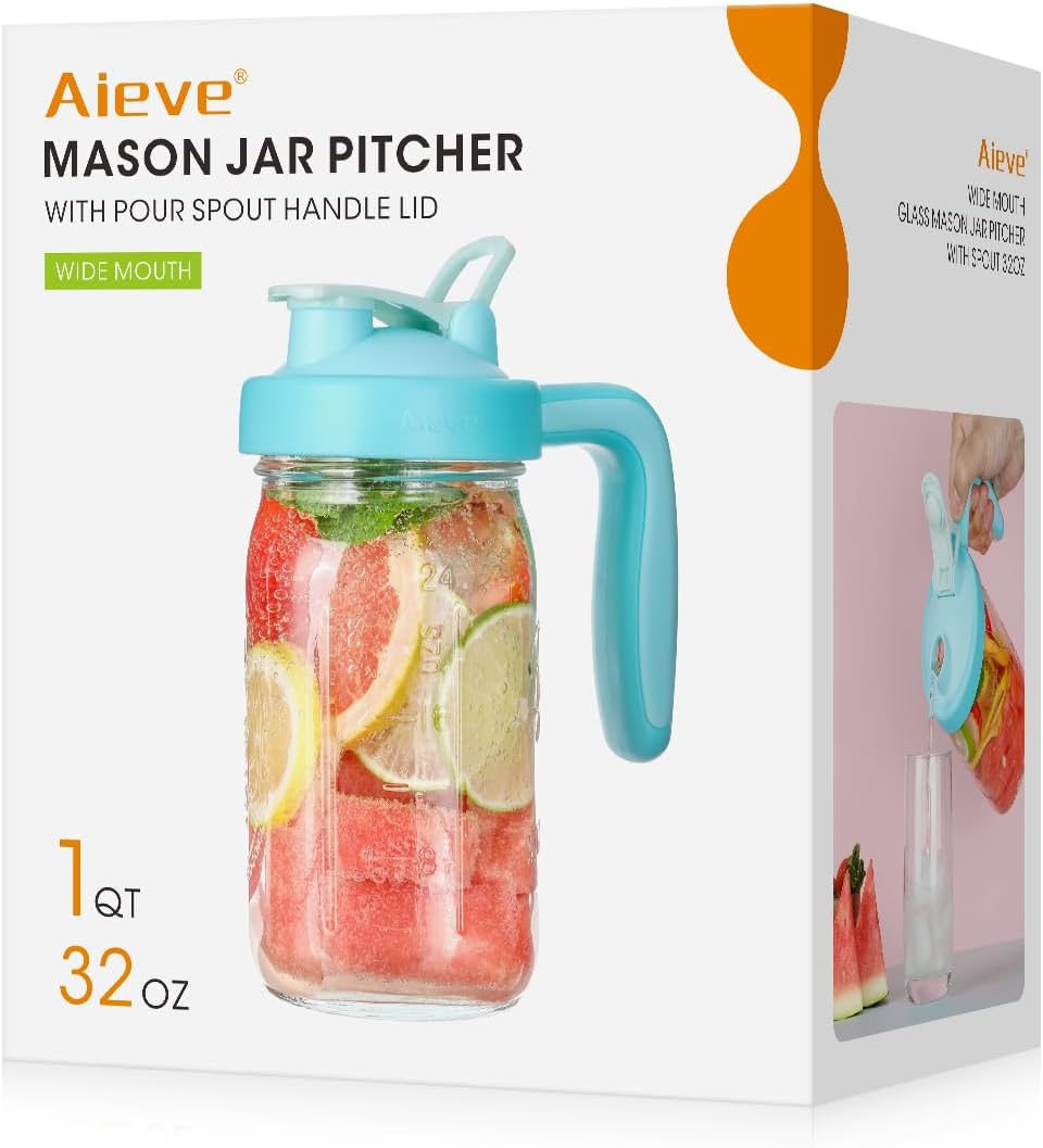Aieve Glass Pithcer with Mason Jar Pour Spout Lid, 32 oz