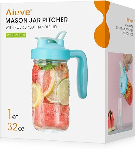 Aieve Pithcer de vidrio con tapa de boquilla para verter tarro de masón, jarra de 32 onzas con tapa y boquilla, boca ancha de 1 cuarto de galón para