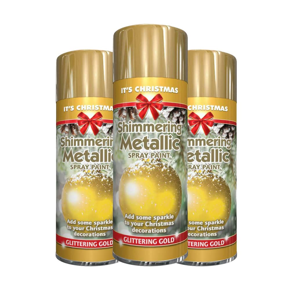 Classic Signature - 3 x Glitter Metallic Christmas Gold Spray Paint 200ml Decorative, Creative, Dazzling Effect to Your Hobby Art and Craft Use