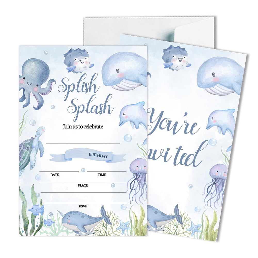 Photo 1 of Children's Birthday Party Invitation Cards Kids Under the Sea Pool Party Birthday Party Invites for Girls Kids Sea Creatures Whale Turtle Shark Jellyfish (20 Cards with 20 Envelopes) - JRM428