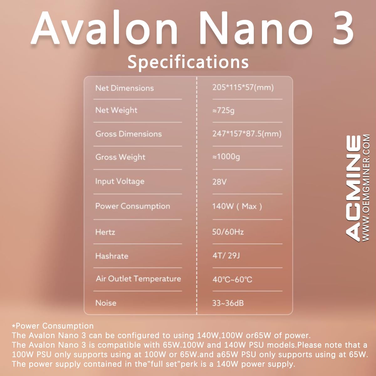 Avalon Nano 3 SHA-256 ASIC Bitcoin Miner Quiet 4TH/s 140W Máquina de  minería doméstica con fuente de alimentación por Acmine (negro) :  Amazon.es: Informática