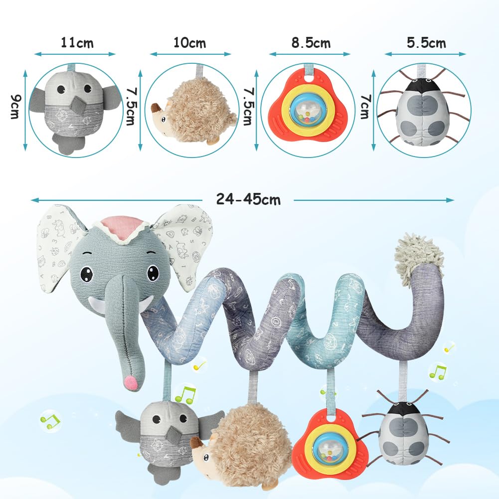 Vicloon Giocattolo a Spirale Passeggino Neonato, Giochi Passeggino Neonati Regalo per 0 3 6 Mesi, Passeggino Educativo Spirale di Peluche Neonato, Elefante Grigio