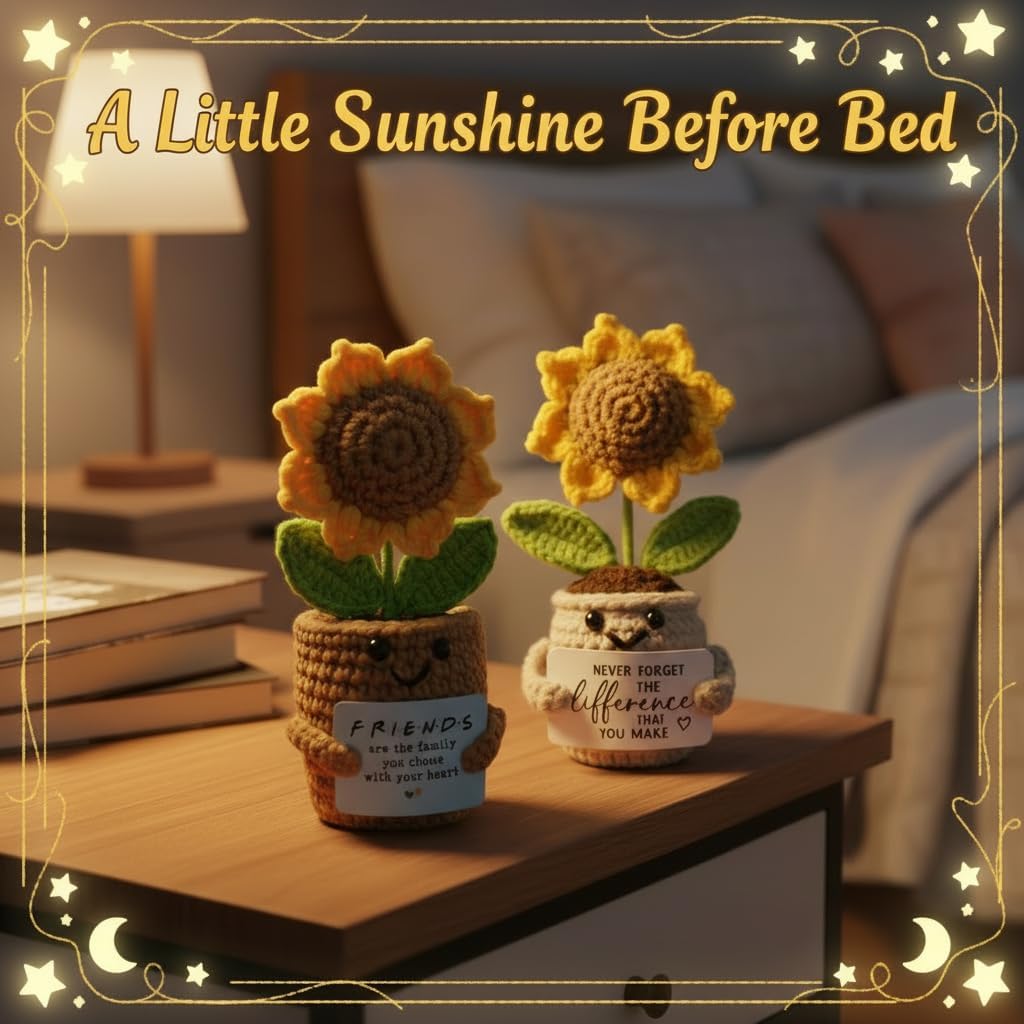 Set of 2 Mini Handmade Crochet Sunflower Pot Dolls with Inspirational Quote Cards, Knitted Sunflower Decor Gifts for Friends, Coworkers, Teachers, Cheer Up & Thank You Desk Ornament