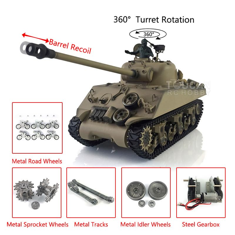 Henglong - Tanque Sherman RC 1/16 personalizado 7.0 M4A3 3898 Barril de retroceso de metal de 360° para Hobby BB Shooting Airsoft Tank que dispara