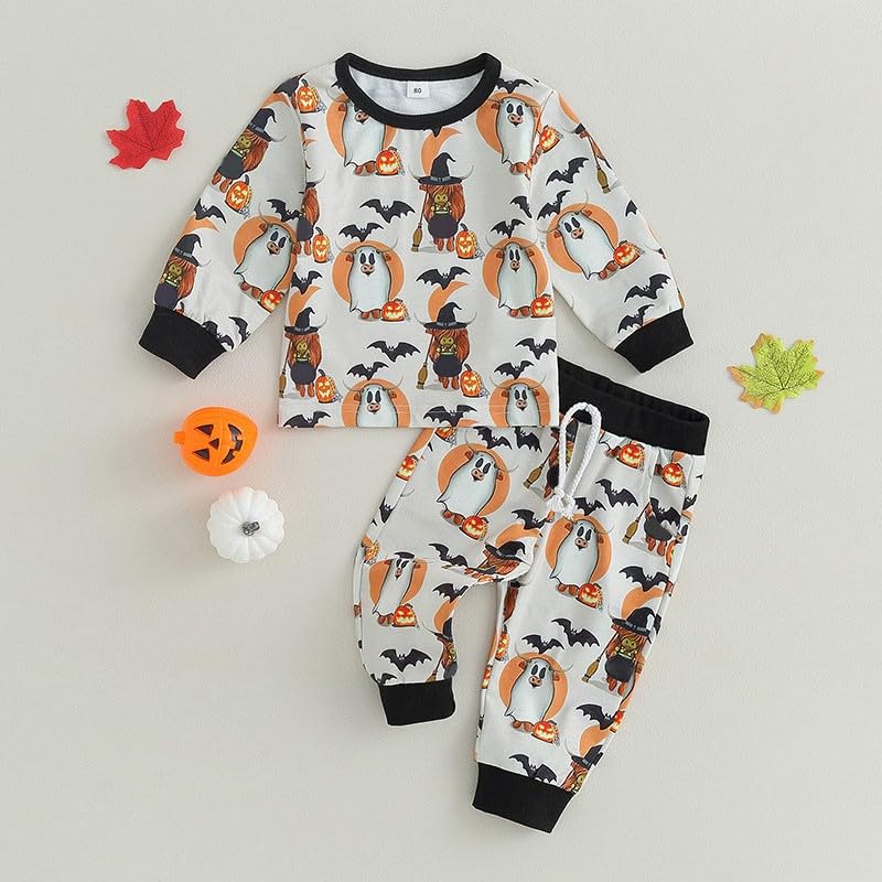 Kids Outfit Soft Cotton Warm Crewneck Long Sleeve Round Neck Pumpkin Print Sweatshirt Set For Boys Or Girls 2t girls2