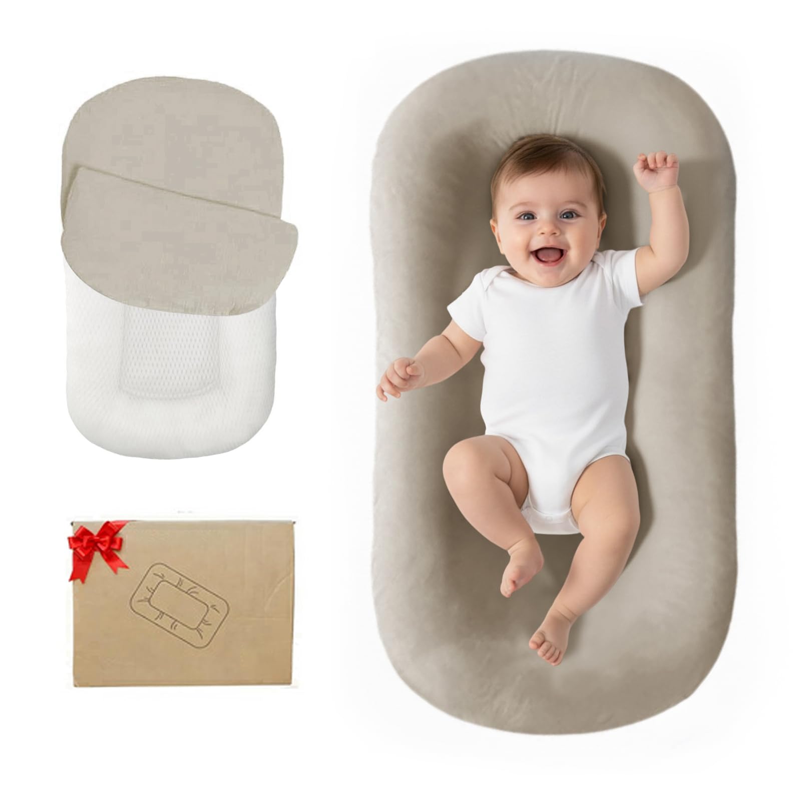Baby Lounger for Newborn 0-24 Months Soft Cotton Infants Support Cushion | Baby Shower Gifts, Supervised Use, Infant Floor Seat & Loungers, Portable Newborn Essentials for Home and Travel Cream Gray