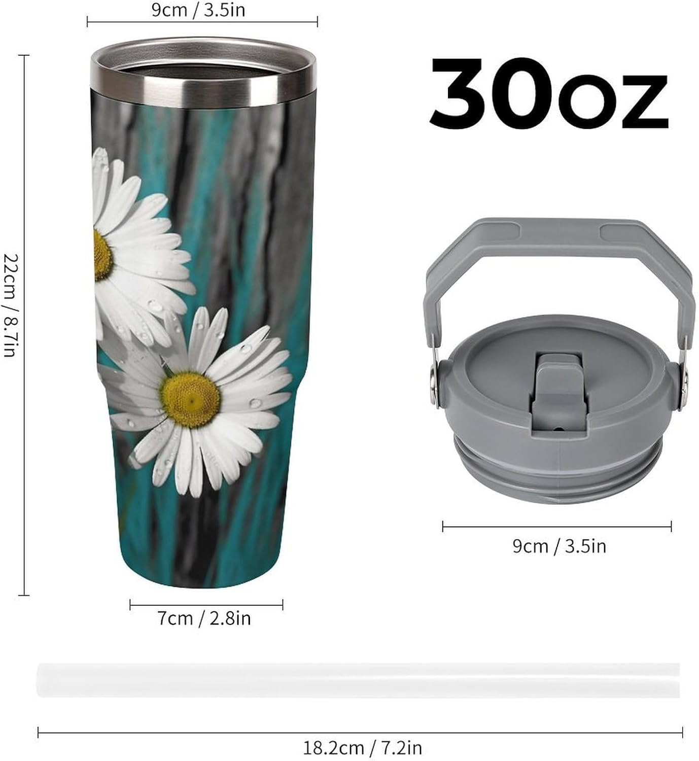 Daisy Flowers Water Bottle 30 Oz Fits Car Cup Holder,Insulated Coffee Mug Large Capacity Car Cups,Stainless Steel Double Wall Sport Bottle for Travel Sports Gym