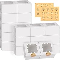 WINKIO 24 Pack White Cookie Boxes with Window & Thank You Stickers - 4x4x2.5 Inch Bakery Boxes for Mini Cakes, Donuts, Pastries, Macarons