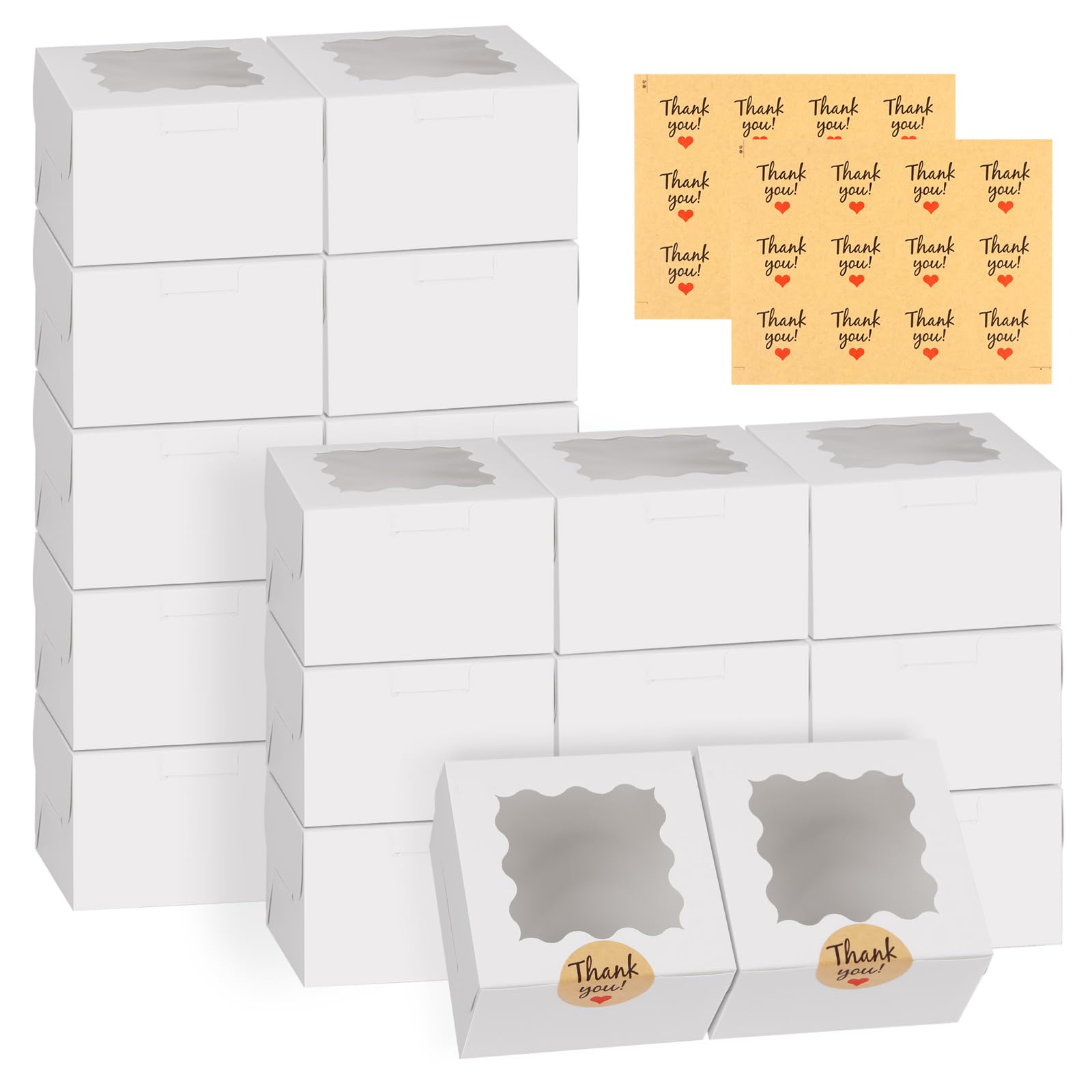 WINKIO 24pcs White Cookie Boxes, 4x4x2.5 Inches Bakery Boxes with Window, for Mini Cake Treat Dessert Pastry Donuts Macaroon Strawberries Chocolate Candy (with Stickers) white 4x4x2.5 inches 24