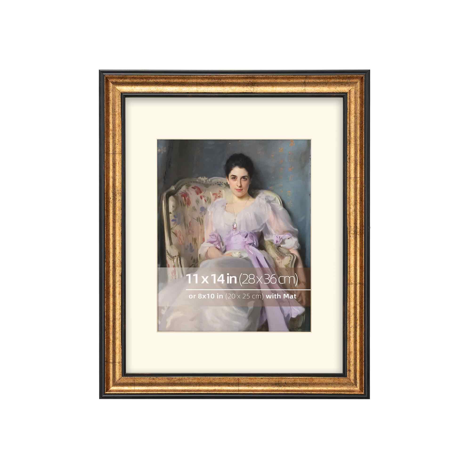Picture Frame, 11x14 inch Antique Gold with Dark Brown Border, Wood Frame with Glass, Mat for 8x10 inch Photos