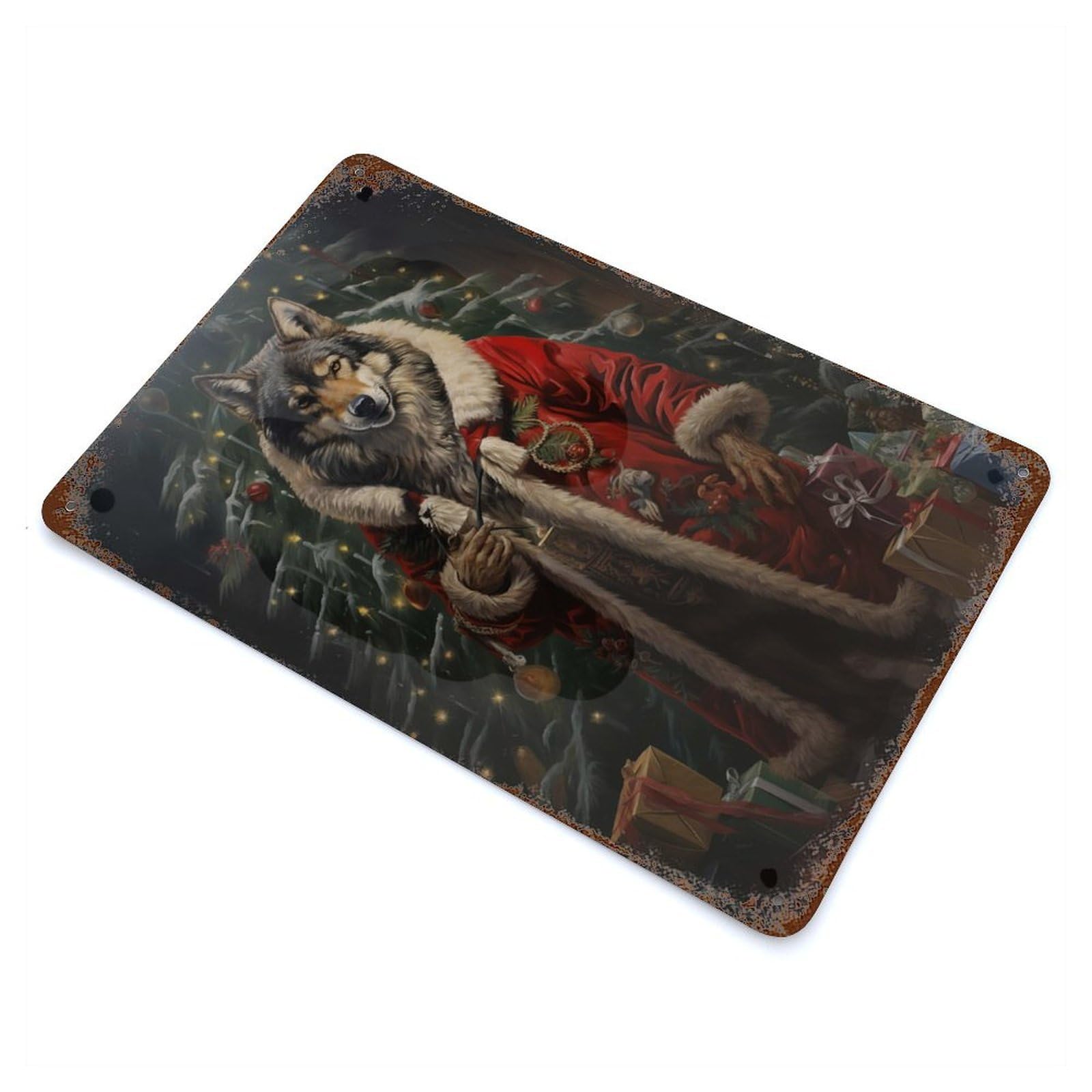 Jolly Wolf Christmas Rust Effect Tin Sign 11.8"x7.9", Ideal for Farmhouse, Kitchen And Entryway Decor