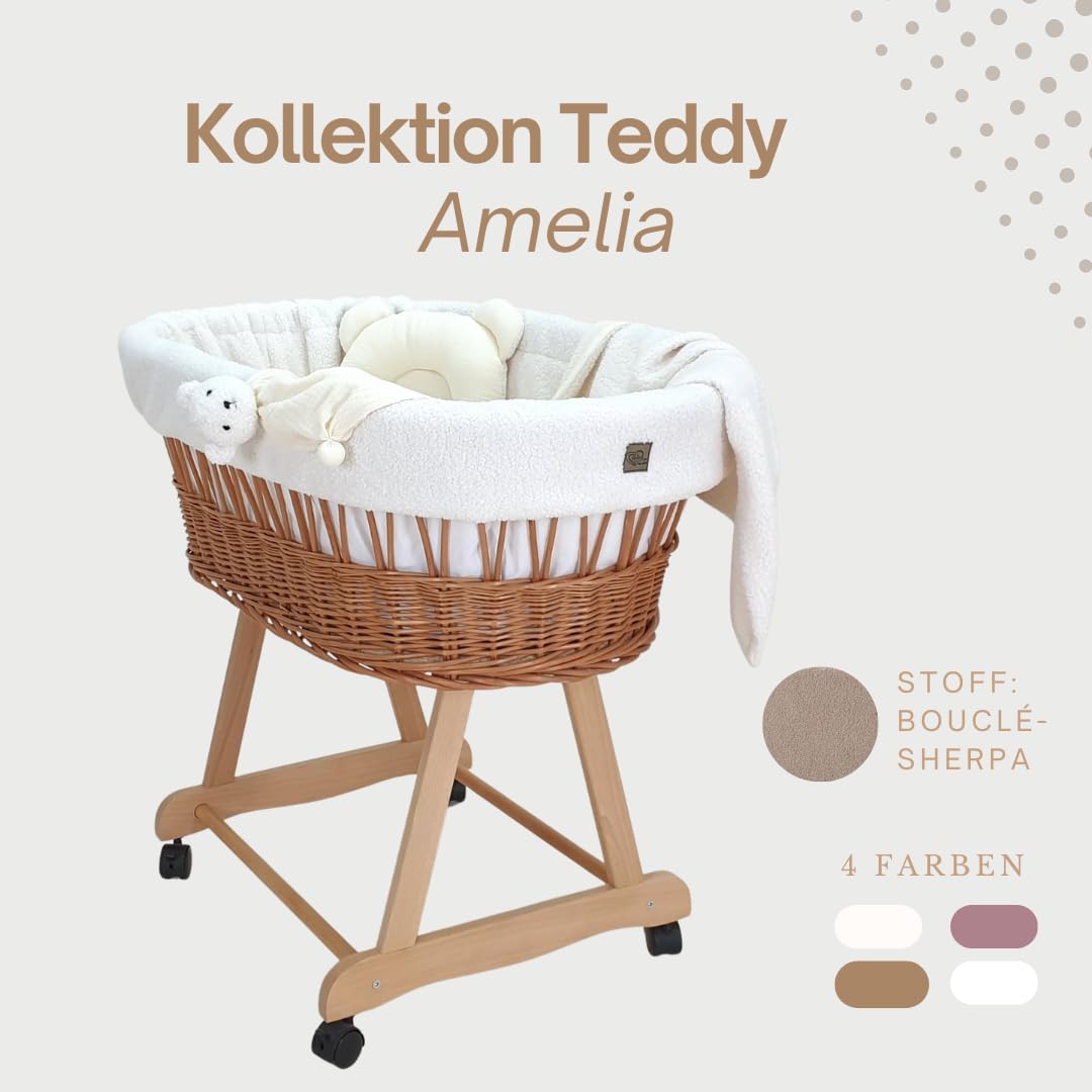 Łóżeczko dziecięce Amelia – naturalny ręcznie tkany Mojżesz ze stojakiem i materacem – 5-częściowy zestaw pościeli Teddy Ecru – przenośny Mojżesz na kółkach – idealny dla noworodków