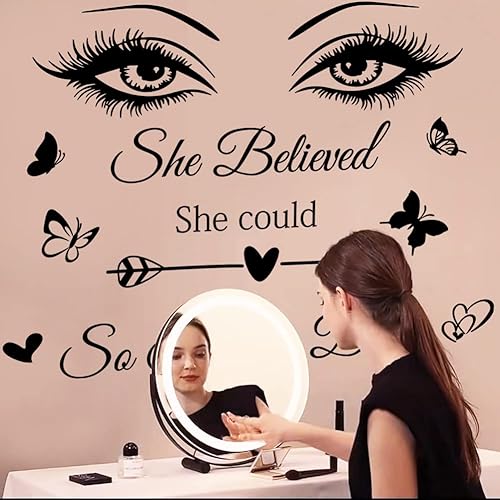 Miniatura 6 de Calcomanías de pared de vinilo con frase motivacional con texto en inglés "She Believed She Could So She Did", calcomanías de pared de mariposa para