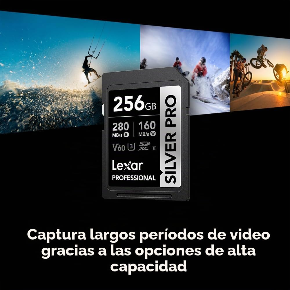Lexar Tarjeta SD Profesional Silver Pro de 256 GB, UHS-II, C10, U3, V60, Full HD, 4K, Tarjeta de Memoria SDXC de Lectura de hasta 280 MB/s, para fotógrafos Profesionales, videógrafos, entusiastas