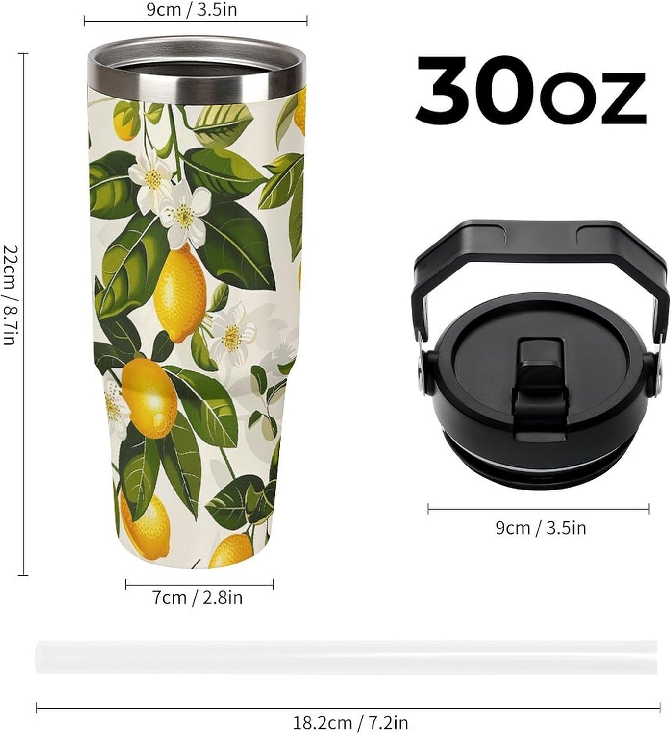 30oz Insulated Tumblers with Top Handle, Stainless Steel Lemons And Flowers Car Cup with Straw for Gift, Leak-Proof Double Wall Vacuum Travel Mug, Personalized Water Bottles Black