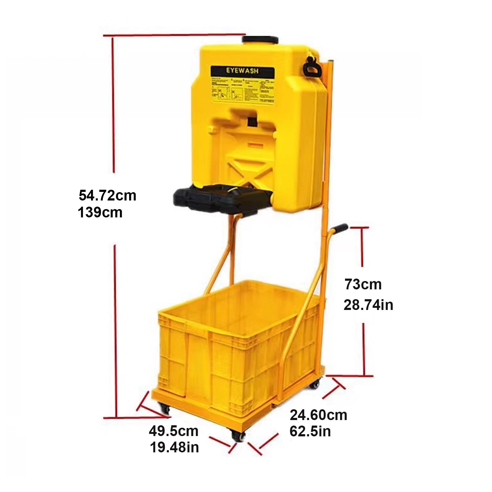 Stazione di lavaggio oculare portatile – Lavaocchi a doppio spruzzo 53L con carrello per una facile mobilità in impianti chimici e laboratori, ideale per la sicurezza sul posto di lavoro e