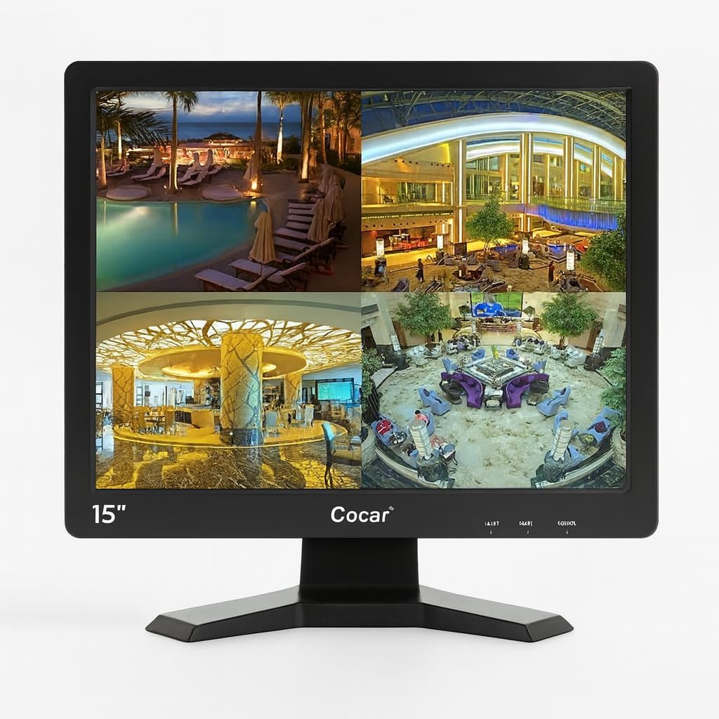 Cocar 15" CCTV Security Monitor (BNC VGA HDMI with Built-in AV Speaker) 4:3 HD Display LCD Screen Display with USB Media Player for Home Surveillance Camera STB PC