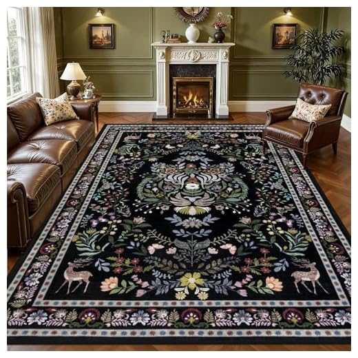 8x10 Area Rugs Living Room Rug: Vintage Washable Rug Floral Soft Carpet Indoor Floor Non-Slip Boho Stain Resistant Large Carpets for Bedroom Kids Nursery Dining Room Farmhouse Home Office Black