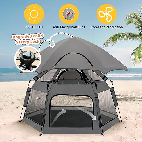 Miniatura 2 de Corralito desplegable para bebés con toldo y bloqueo de seguridad, corralito para bebés al aire libre con 6 estacas de tierra y 6 estacas de arena,